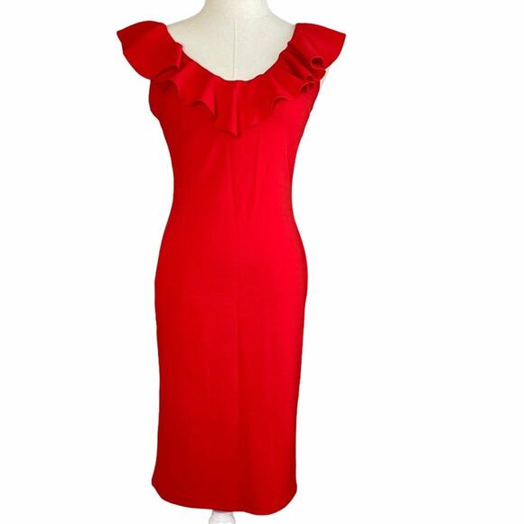 BLVD Red Bodycon Dress Scoop Neck Ruffled Straps Sleeveless Size M - Picture 6 of 6